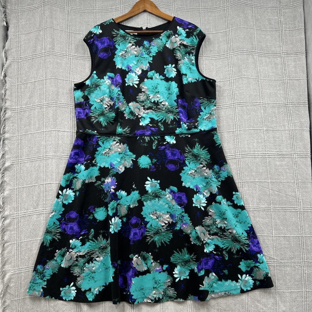 London Times Woman Floral Fit Flare Dress Plus Size 22W Black Teal Purple